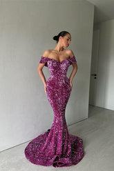 Purple Off The Shoulder Mermaid Evening Dress Long with Sequins